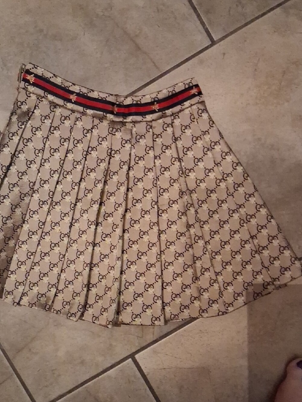 Gucci Beige Monogram Pleated Skater Skirt with Red and Black Striped Waistband - Picture 3 of 7